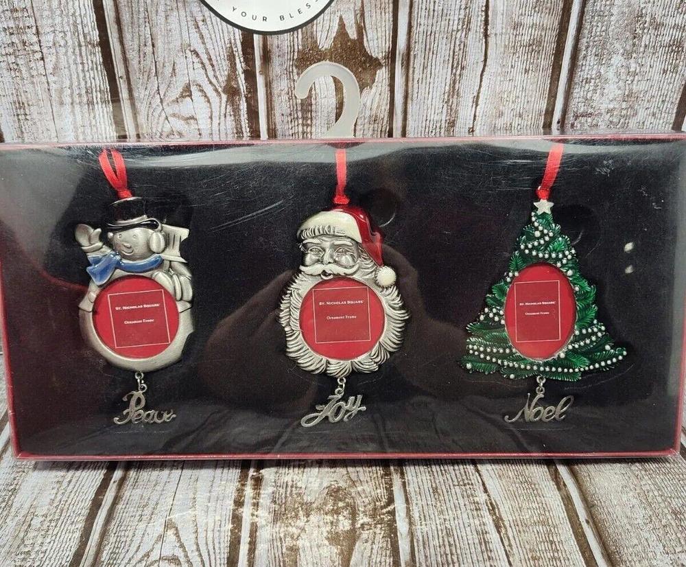 St. Nicholas Square Christmas Ornament Picture Frames Set Snowman Santa Tree NOB